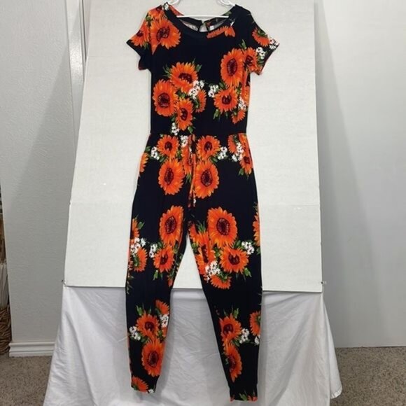 DouBCQ Jumpsuit NWT with Pockets, Soft Knit, Floral Black & Orange, Large - Picture 3 of 11
